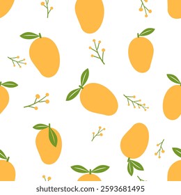 Seamless pattern of mango fruit with green leaves on white background vector.