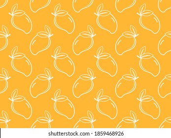 Seamless pattern of mango fruit with leaves on yellow background vector illustration. Flat design. 