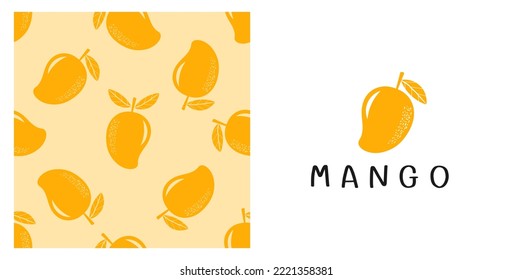 Seamless pattern with mango fruit on yellow background. Mango logo with hand written font isolated on white background vector illustration.