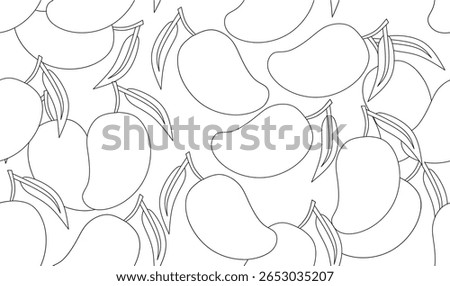 Seamless pattern of mango fruit outline with stem and leaves. Tropical fruit background, perfect for coloring books, food packaging, textile prints, and summer themes.