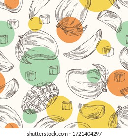 Seamless pattern with mango fruit and mango slice. Vector hand drawn illustration.