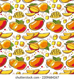 Seamless pattern with mango fruits on a white background. Vector illustration.