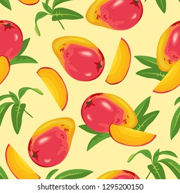 Seamless pattern with mango and green leaves on yellow background. Vector illustration of tropical fruits in cartoon flat style.