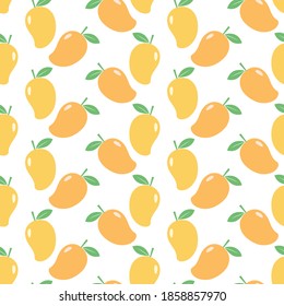 Seamless pattern of mango with green leaves on white background vector illustration. Cute fruit cartoon pattern.