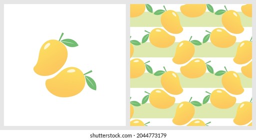 Patrón sin brillo con mango con hojas verdes sobre fondo de rayas verdes blancas e iconos de mango aislados en ilustración vectorial de fondo blanco.