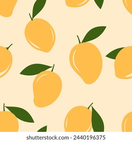 Seamless pattern of mango with green leaves on yellow background vector. Cute fruit print. 