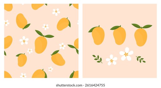 Seamless pattern of mango with green leaves and white flower on pink background. Mango icon sign, cute flower and green branches vector. 