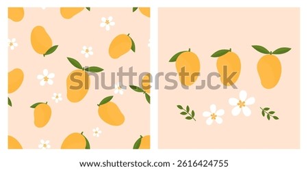 Seamless pattern of mango with green leaves and white flower on pink background. Mango icon sign, cute flower and green branches vector. 