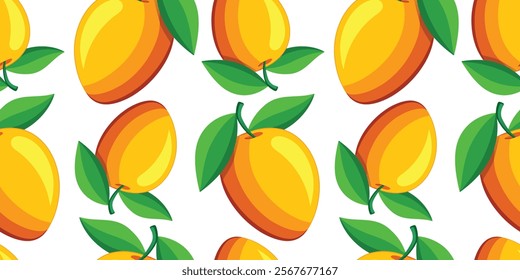 Seamless Pattern of Mango Isolated on White Background Vector Illustration Design. Summer Fruits For Healthy Lifestyle. Organic Fruit. Cartoon Style
