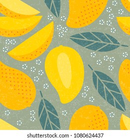 Seamless pattern. Mango juicy fruits leaves and flowers on shabby background.