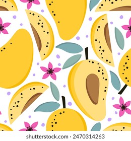 Patrón sin costuras con mango, hojas y flores. Ilustración vectorial