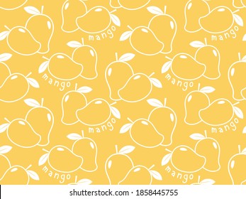 Seamless pattern of mango with leaves and hand writing font on yellow background vector illustration. Flat design.