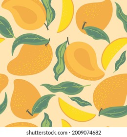 Seamless pattern with mango and leaves. Vector graphics.