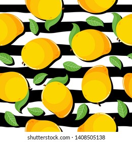 Seamless pattern of mango and leaves. White background with black stripes.