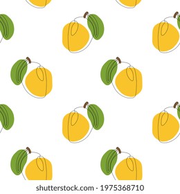 Seamless pattern with mango on white background. Continuous one line drawing mango. Black line art on white background with colorful spots. Vegan concept