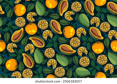 seamless pattern mango and orange vector drawing