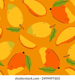 Nahtloses Muster mit Mango und Stücken auf gelbem Hintergrund. Vektorgrafiken.
