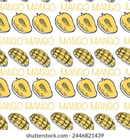 Seamless pattern with mango, sketch art with lettering. Vector illustration can used for wrapping paper, backdrop, poster, wallpaper. Mango sketch for textile, fabric design. 