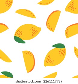 Patrón sin foco con mango y rodajas. Fondo de vectores de verano tropical con frutos exóticos