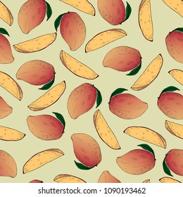 Seamless pattern of mango whole and slices, vector