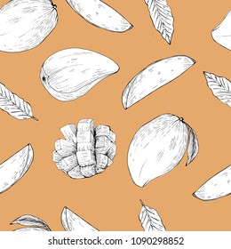 Seamless pattern of mango whole and slices, vector