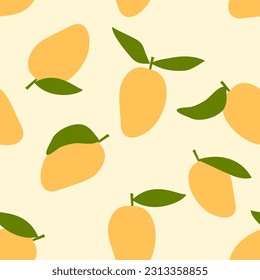 Patrón sin foco de mangos con hojas verdes en la ilustración vectorial de fondo amarillo. Huella de fruta.