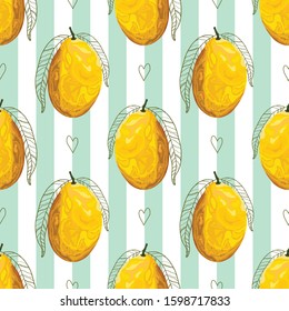 Seamless Pattern With Mangoes And Leaves. Stylized Mango. Print, Wallpaper, Modern Textile Design, Wrapping Paper. Vector Illustration.