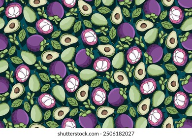 seamless pattern mangosteen and avocado vector drawing