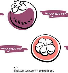 Patrón sin foco con mangostinos en línea negra estilo esquemático aislado en fondo blanco. Frutas tropicales. Ilustración vectorial dibujada a mano de Doodle