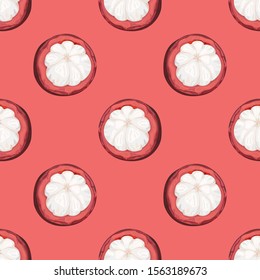 Seamless pattern with mangosteen. Exotic fruit. Wallpaper, print, wrapping paper, modern textile design. Vector illustration.