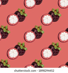 Seamless pattern with mangosteen. Exotic fruit. Wallpaper, print, wrapping paper, modern textile design. Vector illustration.