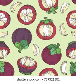 Seamless pattern with mangosteen mangosteen fruit and leaves. Vector hand drawn illustration.