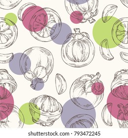 Seamless pattern with mangosteen mangosteen fruit and leaves. Vector hand drawn illustration.