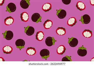 nahtloses Muster mit Mangostane auf violettem Hintergrund. Mangostanmuster.