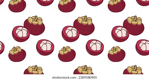 Seamless pattern with mangosteen on a white background. Line vector illustration