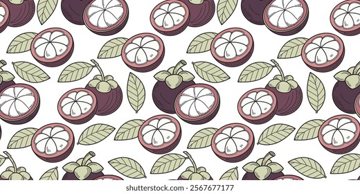 Seamless Pattern of Mangosteen on White Background Vector Design