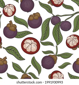 Seamless pattern with mangosteen, vector. Assorted fruits of mangosteen, repeating continuous background. Fruits are purple in whole and in parts, on a branch and leaves. Hand drawing.