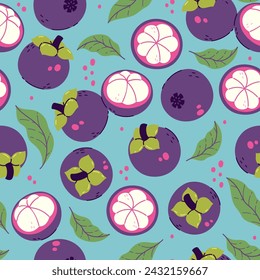 Patrón sin fisuras con mangostinos y hojas sobre un fondo azul. Gráficos vectoriales.