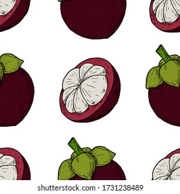 Seamless pattern of mangosteens. Vector cartoon background. Hand-drawn style.