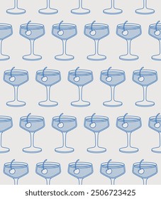 Seamless pattern of manhattan cocktail with cherry. Line art, retro. Vector illustration for bars, cafes, and restaurants.