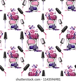 Seamless pattern for manicure art salon. Vector fashion illustrations with watercolor style paint splashes. Stylish and beautiful graphic on white background. Design for logo, t shirt and uniform.
