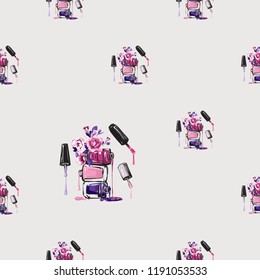 Seamless pattern for manicure art salon. Vector fashion illustrations with watercolor style paint splashes. Stylish and beautiful graphic on white background. Design for logo, t shirt and uniform.