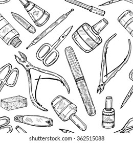 Seamless pattern with manicure equipment and accessories. Hand drawn vector manicure collection.