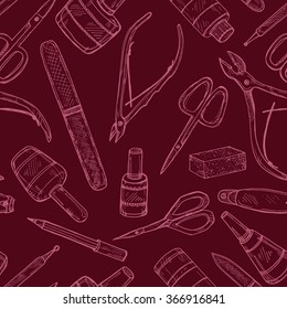 Seamless pattern with manicure equipment and accessories. Hand drawn vector manicure collection.