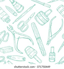 Seamless pattern with manicure equipment and accessories. Hand drawn vector manicure collection.