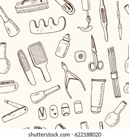 Seamless pattern with manicure and pedicure doodles. Vector illustration.