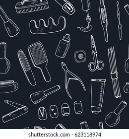 Seamless pattern with manicure and pedicure doodles. Vector illustration.