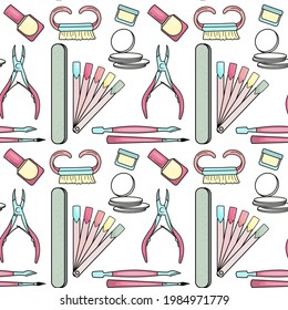 Seamless pattern with manicure tools. Colored elements in a cartoon style. Print design element or background image.  vector image, EPS10.