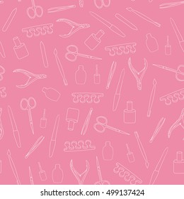 Seamless pattern manicure tools on a pink background. Vector illustration. Hand drawing manicure tools. Manicure tools card.