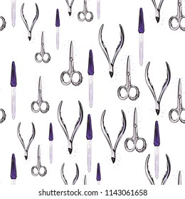 Seamless pattern with manicure tools. Vector illustrations with watercolor style paint splashes. Design for logo, t shirt and uniform. Fashion background for beauty, nail art salon.
